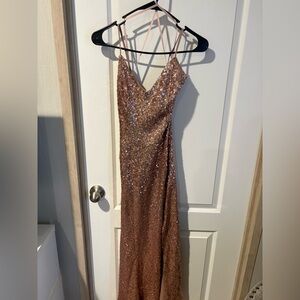 open lace back dress Champagne V Neck Spaghetti Straps A-Line Long Prom Dress with Slit Champagne / US 10